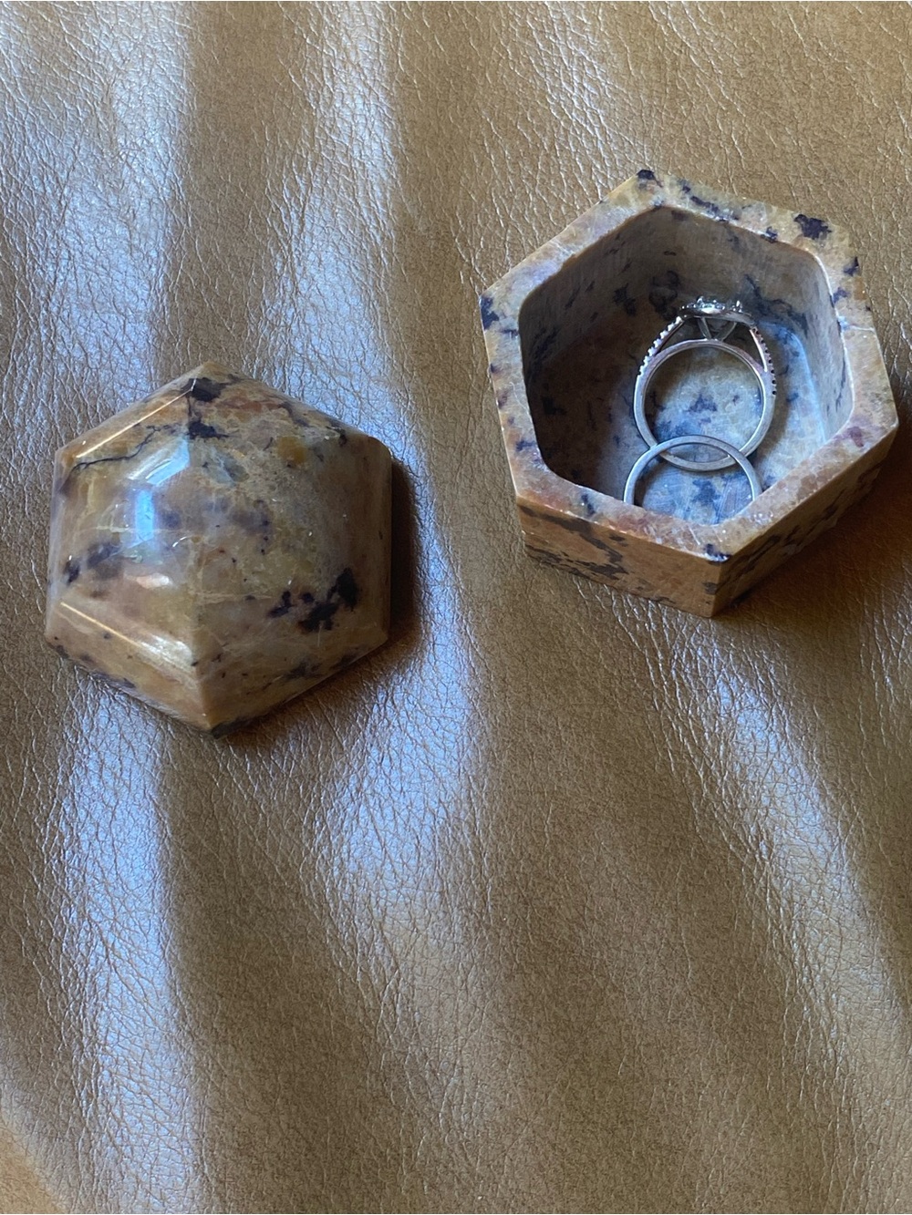 Jo Marz Natural Granite Hexagon Trinket Box Hand-Carved Stone Ring Keepsake 2”